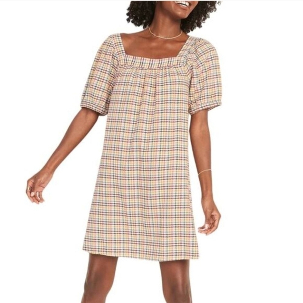 Old Navy Multicolor Gingham Dobby Puff Sleeve Mini Dress Large NWT (6036)